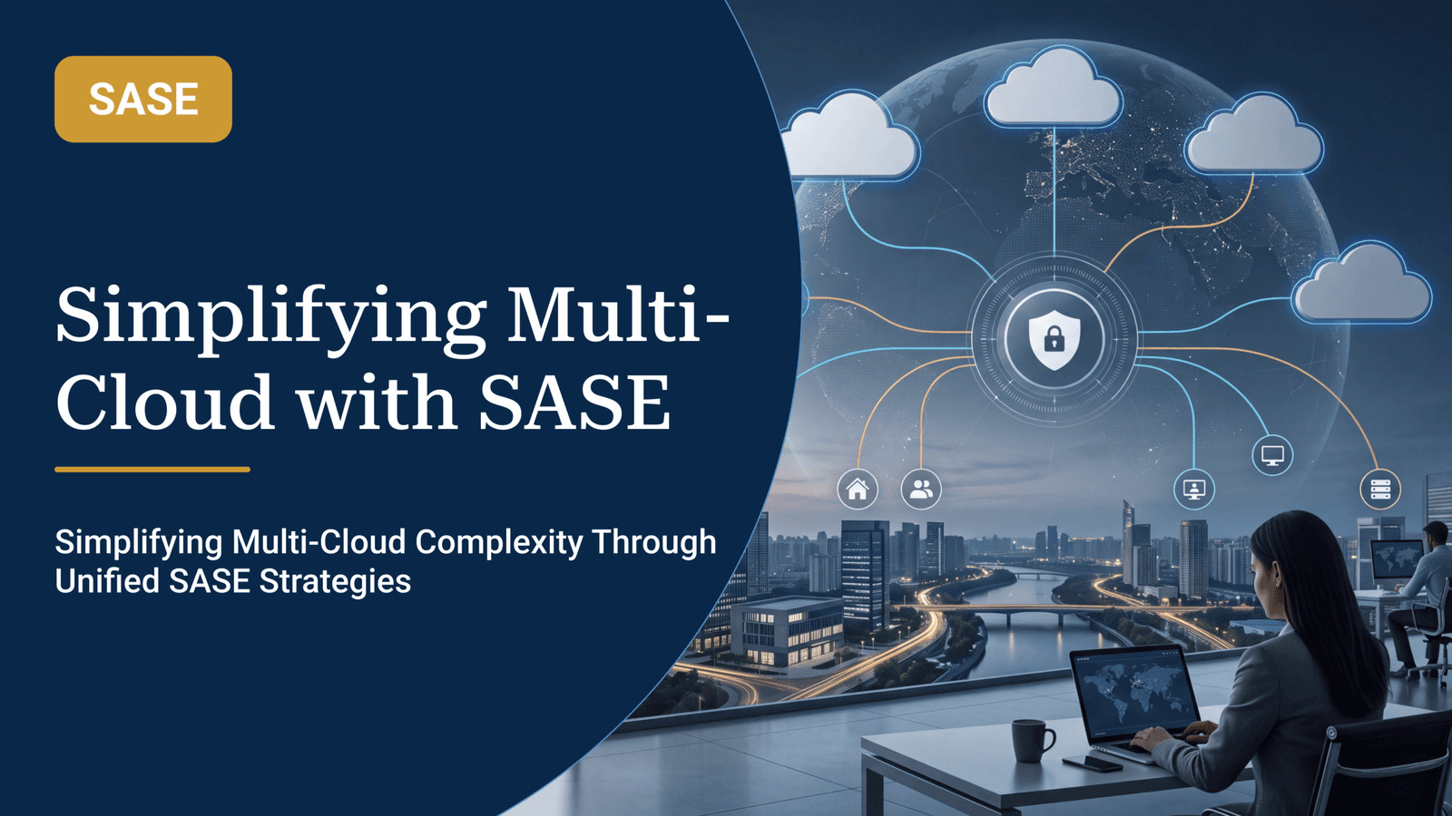 SASE architecture securing multi-cloud environments with connected cloud services, users, and workloads
